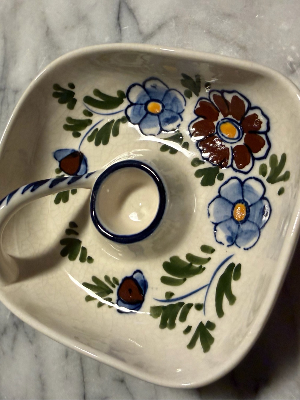 Vintage Chamber Stick with Blue Red Flowers and Green leaves Polish